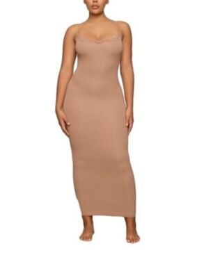 skims lace dress brown SKIMS Fits Everybody Long Lace Corded Slip Maxi Dress Clay size 4X
